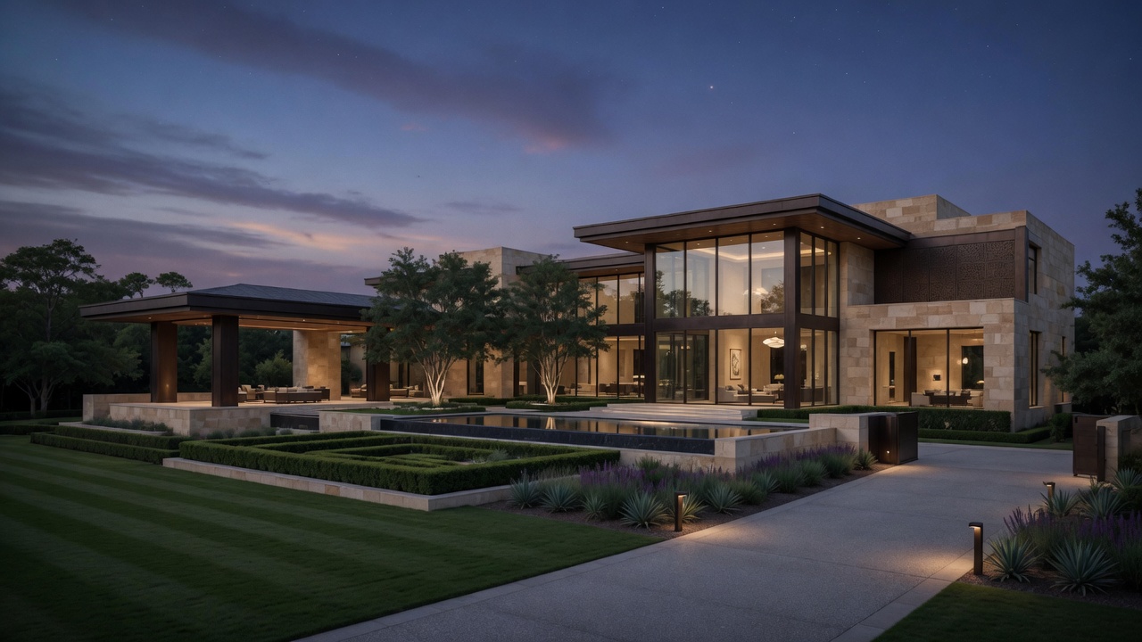 Luxury Houston estate at dusk with warm interior light