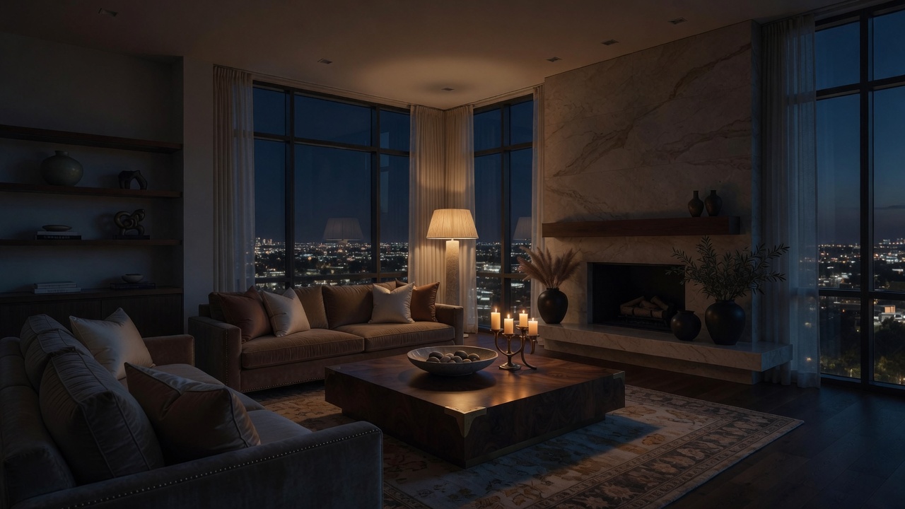 Same living room at night
